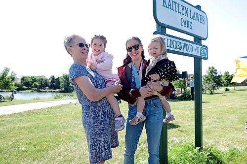 Ruth Bonneville / Free Press
LOCAL - Lawes park
Photo of curler and two-time Olympic gold medallist Kaitlyn Lawes, with her two children Myla (3 1/2yrs) and Ella (1 1/2yrs, right), and her mom, Cheryl Lawes (holding Myla), at ceremony Tuesday.
City of Wpg. officially opened Kaitlyn Lawes Park dedication ceremony at the formerly known as Lindenwood Drive West Park, in honour of Winnipeg curler and two-time Olympic gold medallist Kaitlyn Lawes Tuesday.
See story by Zoe
Aug 4th,, 2026