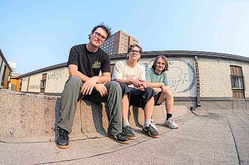 Mike Sudoma/Free Press
(Left to right) Noah St Hilaire Nikola Boticki and Luke Penner of Leons Getting Larger inside their jam space Wednesday evening
July 29, 2026