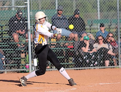 Elli Pomehichuk connects with a pitch during Tuesday's doubleheader against the Westman Storm. (Rowan McCarthy/The Brandon Sun)