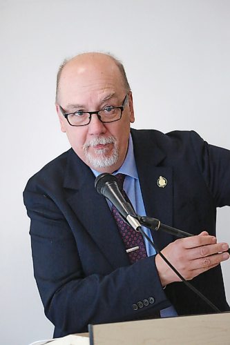 Innovation and New Technology Minister Mike Moroz speaks to participants on Monday afternoon during a public consultation on AI at Brandon University. (Matt Goerzen/The Brandon Sun)