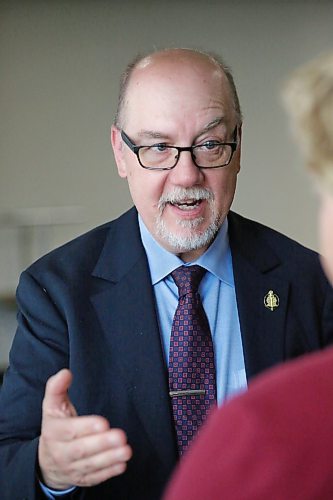 Innovation and New Technology Minister Mike Moroz speaks to participants on Monday afternoon during a public consultation on AI at Brandon University. (Matt Goerzen/The Brandon Sun)