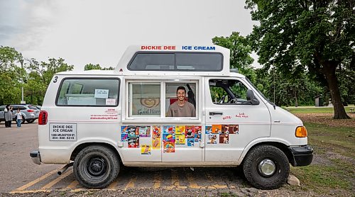 ROBERT LEE / FREE PRESS
Daud Frotan poses in Dickies Dee Ice Cream truck at St. Vital Park on Monday, August 10, 2026. Frotan is a recent graduate of university of Winnipeg and studied political science. 