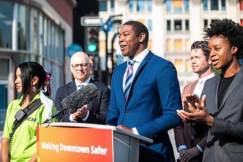 MIKAELA MACKENZIE / FREE PRESS
Business minister Jamie Moses announces new funding for downtown businesses on Tuesday, Aug. 11, 2026.
For Joyanne story.
Free Press 2026