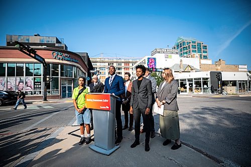 MIKAELA MACKENZIE / FREE PRESS
Business minister Jamie Moses announces new funding for downtown businesses on Tuesday, Aug. 11, 2026.
For Joyanne story.
Free Press 2026