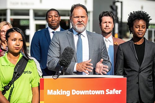 MIKAELA MACKENZIE / FREE PRESS
	
Justice minister Matt Wiebe speaks at a press conference announcing new funding for downtown businesses on Tuesday, Aug. 11, 2026.

For Joyanne story.
Free Press 2026