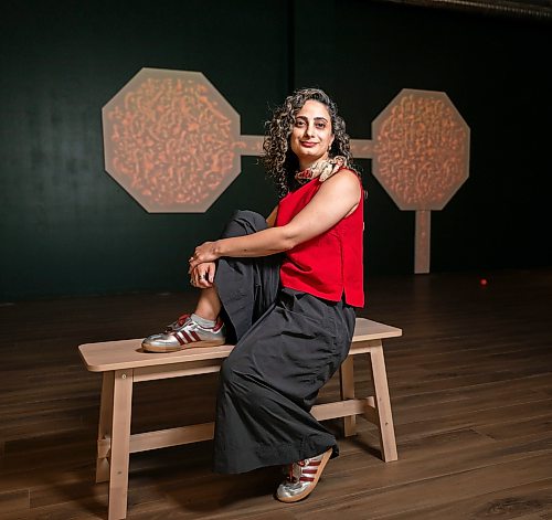 ROBERT LEE / FREE PRESS
Winnipeg visual artist Hamideh Behgar poses at her new solo exhibition at Aceartinc., drawing on the visual and architectural traditions of Persian miniature painting and the snowy landscapes of Manitoba in collage, sculpture and installation on Tuesday, August 11, 2026. Behgar holds an MFA from the University of Manitoba and a Bachelor of Graphic Design from the University of Applied Science & Technology in Iran.