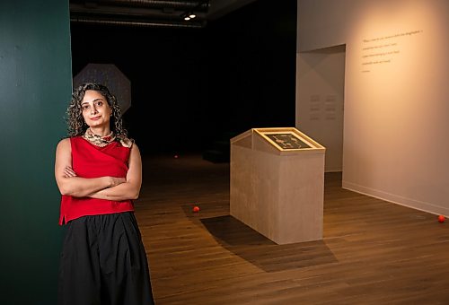 ROBERT LEE / FREE PRESS
Winnipeg visual artist Hamideh Behgar poses at her new solo exhibition at Aceartinc., drawing on the visual and architectural traditions of Persian miniature painting and the snowy landscapes of Manitoba in collage, sculpture and installation on Tuesday, August 11, 2026.  Behgar holds an MFA from the University of Manitoba and a Bachelor of Graphic Design from the University of Applied Science &amp; Technology in Iran.