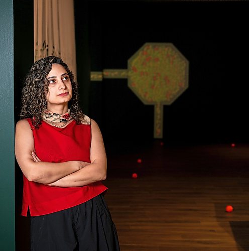 ROBERT LEE / FREE PRESS
Winnipeg visual artist Hamideh Behgar poses at her new solo exhibition at Aceartinc., drawing on the visual and architectural traditions of Persian miniature painting and the snowy landscapes of Manitoba in collage, sculpture and installation on Tuesday, August 11, 2026. Behgar holds an MFA from the University of Manitoba and a Bachelor of Graphic Design from the University of Applied Science & Technology in Iran.