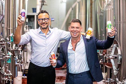 MIKAELA MACKENZIE / FREE PRESS
Arturo Orellana (left) and Grant Reid, cofounders of HealthySips, at Barn Hammer Brewing (where HealthySips is made) on Wednesday, Aug. 12, 2026.
For Gabby story.
Free Press 2026