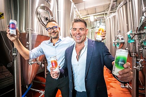MIKAELA MACKENZIE / FREE PRESS
Arturo Orellana (left) and Grant Reid, cofounders of HealthySips, at Barn Hammer Brewing (where HealthySips is made) on Wednesday, Aug. 12, 2026.
For Gabby story.
Free Press 2026