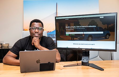 ROBERT LEE / FREE PRESS
Praise Odutayo, founder and CEO of Truckbud is photographed at his office in Winnipeg on Wednesday, August 12, 2026. Truckbud is a ride sharing platform that connects people who need large items delivered to local drivers who have pickup trucks and cargo vans.