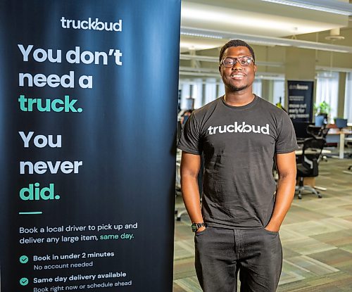 ROBERT LEE / FREE PRESS
Praise Odutayo, founder and CEO of Truckbud is photographed at his office in Winnipeg on Wednesday, August 12, 2026. Truckbud is a ride sharing platform that connects people who need large items delivered to local drivers who have pickup trucks and cargo vans.