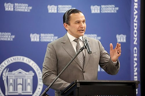 14052026
Manitoba Premier Wab Kinew delivers the state of the province address during the Brandon Chamber of Commerce State of the Province Luncheon at the Keystone Centre’s UCT Pavilion on Thursday. 
 (Tim Smith/The Brandon Sun)


