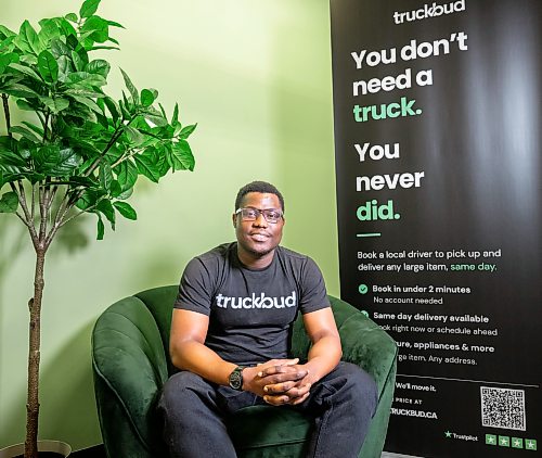 ROBERT LEE / FREE PRESS
Praise Odutayo, founder and CEO of Truckbud is photographed at his office in Winnipeg on Wednesday, August 12, 2026. Truckbud is a ride sharing platform that connects people who need large items delivered to local drivers who have pickup trucks and cargo vans.