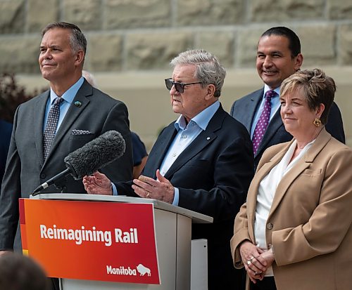 ROBERT LEE / FREE PRESS
Lloyd Axworthy, rail study lead, speaks at the announcement concerning the long-awaited Winnipeg rail relocation at Wesley Hall at the University of Manitoba campus on Wednesday, August 12, 2026.