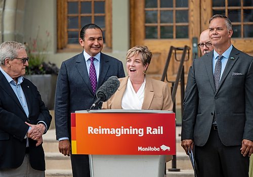 ROBERT LEE / FREE PRESS
Manitoba transportation and infrastructure minister Lisa Naylor speaks at the announcement concerning the long-awaited Winnipeg rail relocation at Wesley Hall at the University of Manitoba campus on Wednesday, August 12, 2026.