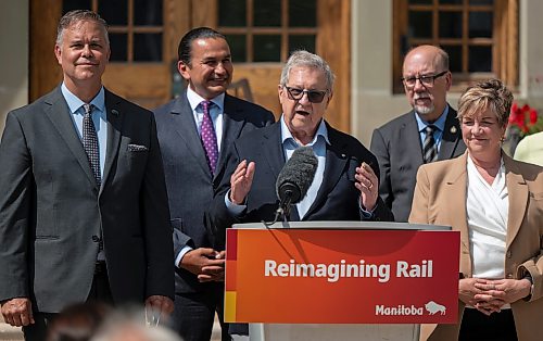ROBERT LEE / FREE PRESS
Lloyd Axworthy, rail study lead, speaks at the announcement concerning the long-awaited Winnipeg rail relocation at Wesley Hall at the University of Manitoba campus on Wednesday, August 12, 2026.
