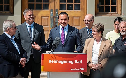 ROBERT LEE / FREE PRESS
Manitoba Premier Wab Kinew makes an announcement concerning long-awaited Winnipeg rail relocation at Wesley Hall at the University of Manitoba campus on Wednesday, August 12, 2026.