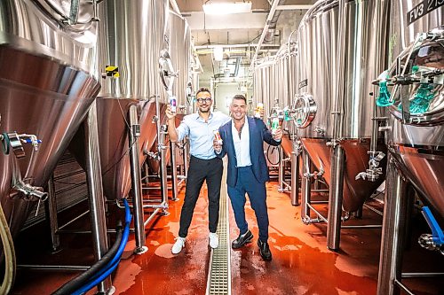 MIKAELA MACKENZIE / FREE PRESS
Arturo Orellana (left) and Grant Reid, cofounders of HealthySips, at Barn Hammer Brewing (where HealthySips is made) on Wednesday, Aug. 12, 2026.
For Gabby story.
Free Press 2026
