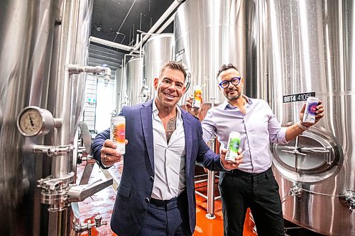 MIKAELA MACKENZIE / FREE PRESS
Grant Reid (left) and Arturo Orellana, cofounders of HealthySips, at Barn Hammer Brewing (where HealthySips is made) on Wednesday, Aug. 12, 2026.
For Gabby story.
Free Press 2026