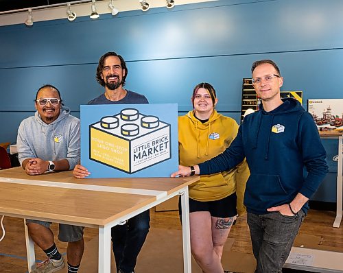 ROBERT LEE / FREE PRESS
(From left): Jo Villaverde, Ian Makita, Katelyn Dobranski and Jason Poturica pose for a photo in the new The Little Brick Market store on Grant Ave. in Winnipeg on Thursday, August 13, 2026. The new and used Lego shop, is tripling its size after being open for roughly a year.