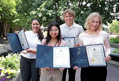 Ruth Bonneville / Free Press

Standup local - Sky Economy scholarship recipients

Group photo of 4 of the 6 Sky Economy scholarship recipients in the courtyard at City Hall Thursday.  

Mayor Scott Gillingham announces the six Winnipeg students selected to receive the inaugural Mayor’s Sky Economy Scholarships at City Hall Thursday.

The scholarships support Winnipeg students pursuing education and training connected to aerospace, aviation and defence that are part of Winnipeg’s growing Sky Economy.

Names of recipients in photo:  Left to Right

Mana Zandvakili, Isabella Villegas,  Aidan Simpson and Nadia Bergen.  

Names of the two others that also received scholarships not at the event:  Muhammad Abbaski and  Karman Singh. 


Aug 13th,,  2026