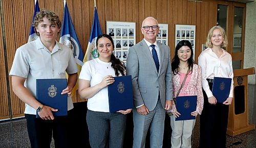 Ruth Bonneville / Free Press
Standup local - Sky Economy scholarship recipients
Mayor Scott Gillingham announces the six Winnipeg students selected to receive the inaugural Mayor’s Sky Economy Scholarships at City Hall Thursday.
The scholarships support Winnipeg students pursuing education and training connected to aerospace, aviation and defence that are part of Winnipeg’s growing Sky Economy.
Names of recipients in photo: Left to Right
Aidan Simpson, Mana Zandvakili, Isabella Villegas, and Nadia Bergen.
Names of the two others that also received scholarships not at the event: Muhammad Abbaski and Karman Singh. 
Aug 13th,, 2026