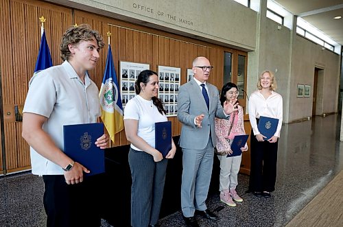 Ruth Bonneville / Free Press

Standup local - Sky Economy scholarship recipients

Mayor Scott Gillingham announces the six Winnipeg students selected to receive the inaugural Mayor’s Sky Economy Scholarships at City Hall Thursday.

The scholarships support Winnipeg students pursuing education and training connected to aerospace, aviation and defence that are part of Winnipeg’s growing Sky Economy.

Names of recipients in photo:  Left to Right

Aidan Simpson, Mana Zandvakili, Isabella Villegas,  and Nadia Bergen.  

Names of the two others that also received scholarships not at the event:  Muhammad Abbaski and  Karman Singh. 


Aug 13th,,  2026