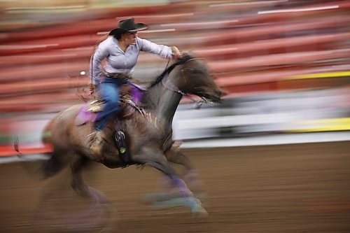 13082026
Preslie Wiebe of Killarney, Manitoba races for the finish during the barrel racing event at the high school rodeo on the opening day of the 2026 Virden Indoor Rodeo and Wild West Daze on Thursday. The annual Rodeo and Wild West Daze runs until Sunday with a variety of events including a parade, a demolition derby, nightly rodeo performances and other events. (Tim Smith/The Brandon Sun)