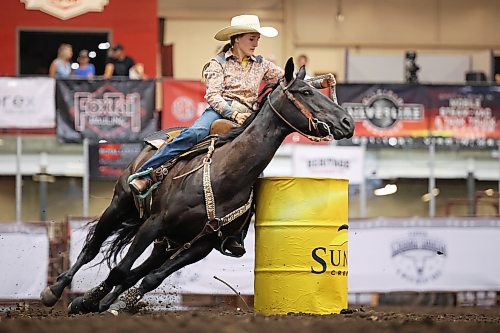 13082026
Presley Spencer of Carnduff, Saskatchewan rounds a barrel during the barrel racing event at the high school rodeo on the opening day of the 2026 Virden Indoor Rodeo and Wild West Daze on Thursday. The annual Rodeo and Wild West Daze runs until Sunday with a variety of events including a parade, a demolition derby, nightly rodeo performances and other events. (Tim Smith/The Brandon Sun)