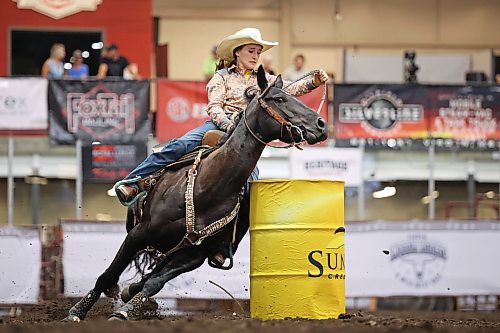 13082026
Presley Spencer of Carnduff, Saskatchewan rounds a barrel during the barrel racing event at the high school rodeo on the opening day of the 2026 Virden Indoor Rodeo and Wild West Daze on Thursday. The annual Rodeo and Wild West Daze runs until Sunday with a variety of events including a parade, a demolition derby, nightly rodeo performances and other events. (Tim Smith/The Brandon Sun)