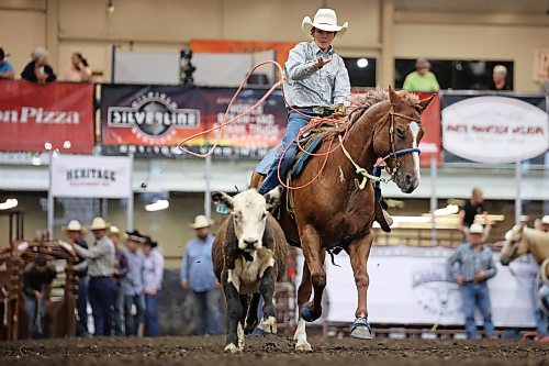 13082026
Emmett Alexander of Lenore, Manitoba tries to rope a calf during the junior high boys breakway event at the high school rodeo on the opening day of the 2026 Virden Indoor Rodeo and Wild West Daze on Thursday. The annual Rodeo and Wild West Daze runs until Sunday with a variety of events including a parade, a demolition derby, nightly rodeo performances and other events. (Tim Smith/The Brandon Sun)