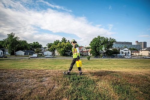 MIKAELA MACKENZIE / FREE PRESS
	
City crew member Tee Silver checks for needles and other hazardous materials at Freight House park on Thursday, Aug. 13, 2026.

For Malak story.
Free Press 2026