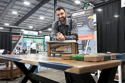 Ruth Bonneville / Free Press
Biz- Hutterite Manufacturing & Associate Expo
EcoPoxy GM, Aaron Maendel with some of their products at their booth at the Expo Friday.
EcoPoxy is a Canadian farm-based company that produces bio-based epoxies to inspire and empower woodworkers and artists to create beautiful projects.
Story: Hutterite Manufacturing & Associate Expo at Red River Exhibition Park for a feature on the growth of Hutterite manufacturers in Manitoba.
Story by Gabby
Aug 14th,, 2026