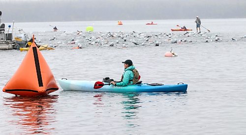 Kayakers, paddle boarders and boats keep an eye on Sprint swimmers during the Riding Mountain Triathlon on Saturday. (Perry Bergson/The Brandon Sun)
Aug. 15, 2026