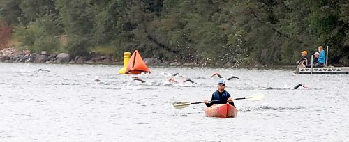 Kayakers, paddle boarders and boats keep an eye on Sprint swimmers during the Riding Mountain Triathlon on Saturday. (Perry Bergson/The Brandon Sun)
Aug. 15, 2026