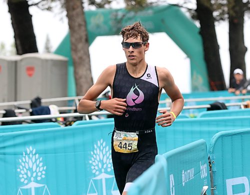 Sprint distance winner Nolan Law of Oakbank races out of the transition zone in first place during the Riding Mountain Triathlon on Saturday. (Perry Bergson/The Brandon Sun)
Aug. 15, 2026