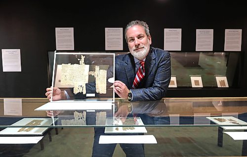 Ruth Bonneville / Free Press
LOCAL - ancient papyrus
Photo of Dr. C. Michael Sampson, Professor of Classics and a papyrologist,, with a transactional document almost 2000 years old, on view at the exhibit inside the Elizabeth Dafoe Library at the University of Manitoba, Monday.
"The Ancient Inbox," the University of Manitoba's rare public exhibit of ancient papyrus documents, opens today. Some of these pieces are up to 2,000 years old, on loan from the University of Michigan Papyrology Collection, and it's the first public display of genuine papyri in Winnipeg.
The exhibit runs through September 30 in Archives & Special Collections, 3rd floor of the Elizabeth Dafoe Library
See story by Zoe
Aug 17th,, 2026