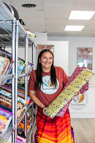 MIKAELA MACKENZIE / FREE PRESS
Jessica Lavallee, owner of Trail Creations & Supply, at the Indigenous-owned fabric and art store opening this weekend on Wednesday, Aug. 19, 2026.
For Gabby story.
Free Press 2026