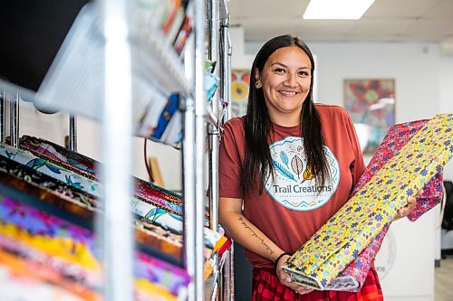 MIKAELA MACKENZIE / FREE PRESS
Jessica Lavallee, owner of Trail Creations & Supply, at the Indigenous-owned fabric and art store opening this weekend on Wednesday, Aug. 19, 2026.
For Gabby story.
Free Press 2026