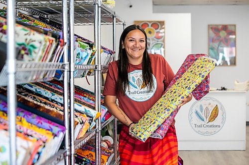 MIKAELA MACKENZIE / FREE PRESS
Jessica Lavallee, owner of Trail Creations & Supply, at the Indigenous-owned fabric and art store opening this weekend on Wednesday, Aug. 19, 2026.
For Gabby story.
Free Press 2026