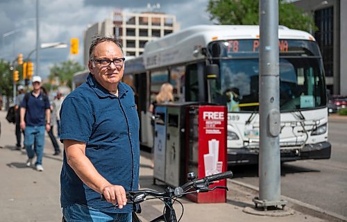 ROBERT LEE / FREE PRESS
Richard Milgrom, associate professor at the University of Manitoba’s department of city planning, is seen at a bus stop in Winnipeg on Thursday, August 20, 2026. In the days after the launch of the Primary Transit Network, thousands of complaints and concerns began rolling into the city, ranging from reasonable to enraged, and insightful to angry. Now, a year later, as Winnipeg grapples with lower projected revenues and a drop in ridership, Milgrom questions why those early warnings were not heard or acted upon.