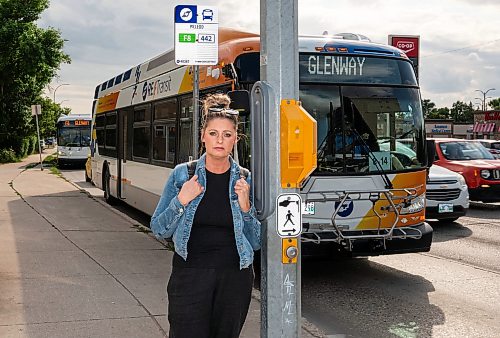 ROBERT LEE / FREE PRESS
Tania Homenchuk is photographed at a bus stop in Winnipeg on Thursday, August 13, 2026. Homenchuk, along with many other residents and natives of Winnipeg, is disappointed with the launch of the Primary Transit Network, which has led to thousands of complaints and concerns rolling into the city.