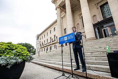 MIKAELA MACKENZIE / FREE PRESS
Shakir Rahim, director of the Criminal Justice program at the Canadian Civil Liberties Association, speaks to the media outside of the Manitoba legislature on Thursday, Aug. 20, 2026.
For Carol story.
Free Press 2026