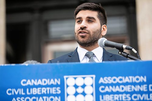 MIKAELA MACKENZIE / FREE PRESS
Shakir Rahim, director of the Criminal Justice program at the Canadian Civil Liberties Association, speaks to the media outside of the Manitoba legislature on Thursday, Aug. 20, 2026.
For Carol story.
Free Press 2026
