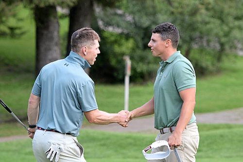Kody Fawcett, right, beat Joel Matthews 1 up to reach the Tamarack golf tournament semifinals at Clear Lake Golf Course on Thursday. (Thomas Friesen/The Brandon Sun)