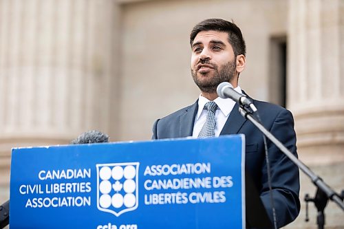MIKAELA MACKENZIE / FREE PRESS
	
Shakir Rahim, director of the Criminal Justice program at the Canadian Civil Liberties Association, speaks to the media outside of the Manitoba legislature on Thursday, Aug. 20, 2026.

For Carol story.
Free Press 2026