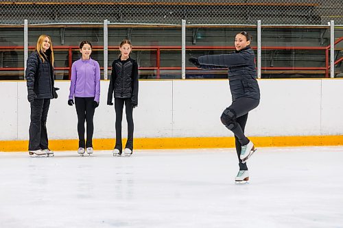 MIKE DEAL / FREE PRESS
Dana (left) and Marrin McKee (right), mother-daughter figure skating coach’s during a training session with young figure skaters, Kaylee Kirkpatrick (purple top), 13, and Makayla Heshka, 12, Thursday morning at Dakota Community Centre.
Marrin has been skating all of her life, growing up with her mother as her coach and continuing to compete nationally into her adult years. 
Reporter: Grace Penner 
260820 - Thursday, August 20, 2026.