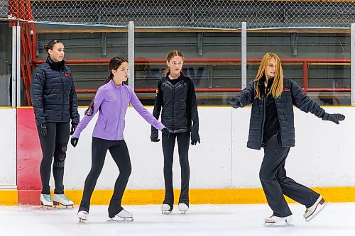 MIKE DEAL / FREE PRESS
Dana (right) and Marrin McKee (left), mother-daughter figure skating coach’s during a training session with young figure skaters, Kaylee Kirkpatrick (purple top), 13, and Makayla Heshka, 12, Thursday morning at Dakota Community Centre.
Marrin has been skating all of her life, growing up with her mother as her coach and continuing to compete nationally into her adult years. 
Reporter: Grace Penner 
260820 - Thursday, August 20, 2026.