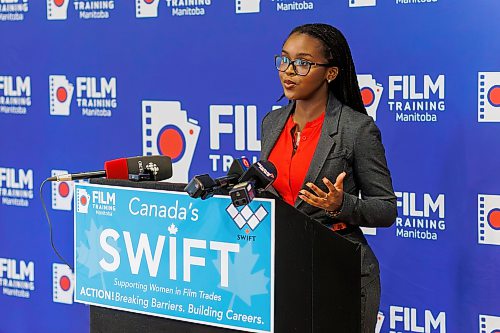 MIKE DEAL / FREE PRESS
Axelle Oulé, SWIFT Attendee and Film Professional, speaks during a press conference announcing that actor, Pam Grier, will be the keynote speaker for Film Training Manitoba's (FTM) fifth anniversary edition of Canada's Supporting Women in Film Trades (SWIFT) Conference which will take place on October 24th.
Reporter: Joyanne Pursaga
260820 - Thursday, August 20, 2026.